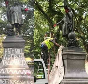 Tiñen de rojo manos estatua Cristóbal Colón en  Nueva York