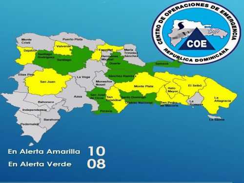 COE mantiene en alerta verde y amarilla 18 provincias de RD 
