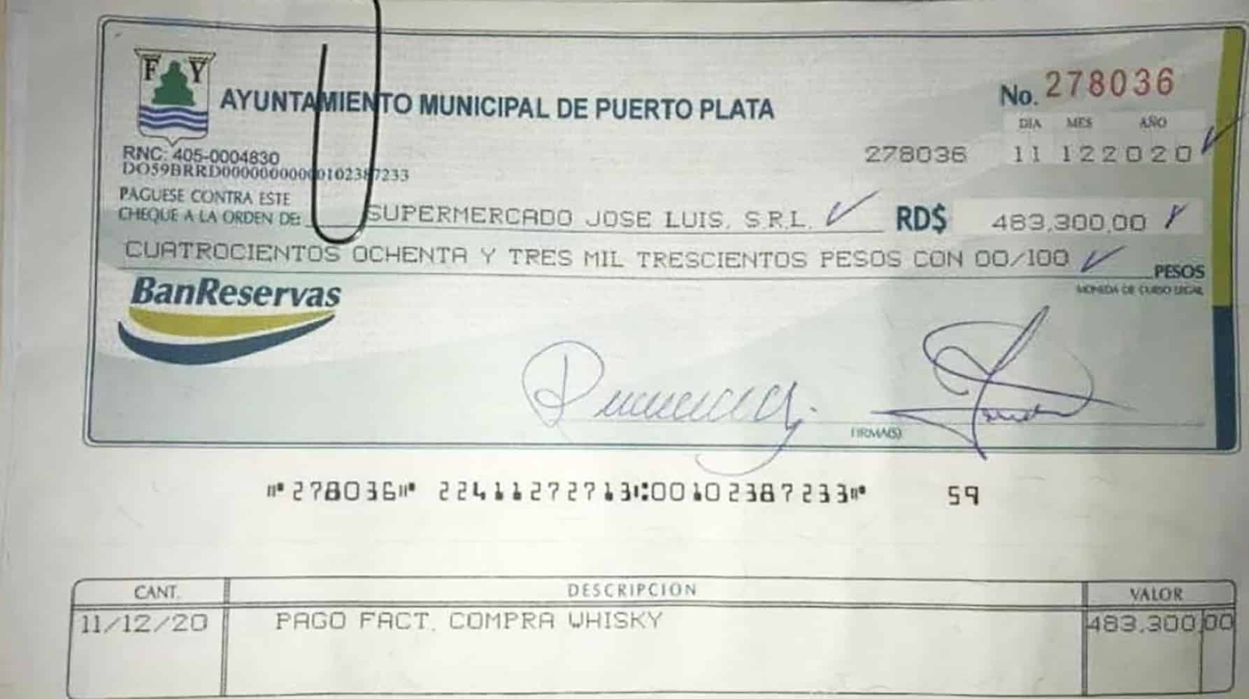 cheque alcaldía de Puerto Plata