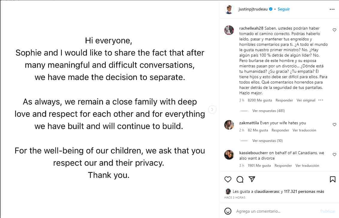Justin Trudeau, y su esposa, anuncian su separación