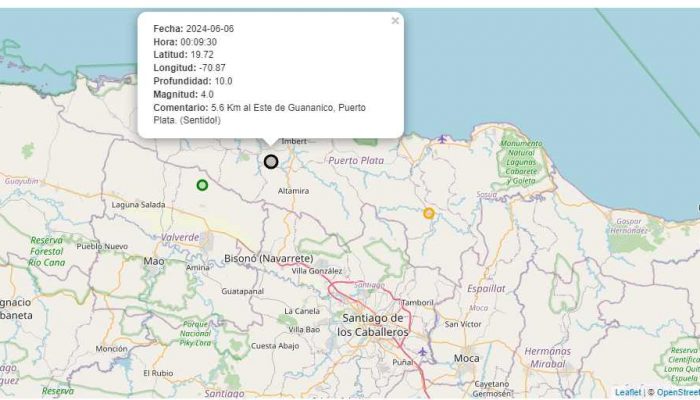 Sismo de magnitud 4.0 al Este de Guananico, Puerto Plata